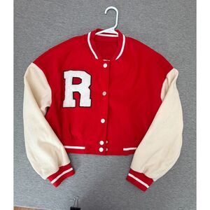 Y2K Varsity Jacket Letterman Cropped Red Colorblock Med College Bomber Jacket